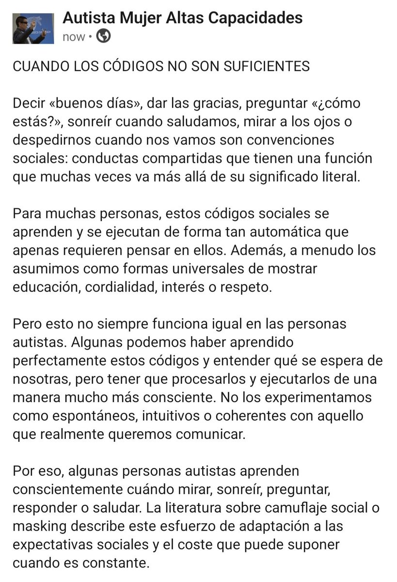 AutistaMujerAC's tweet photo. CUANDO LOS CÓDIGOS NO SON SUFICIENTES

«Buenos días», «gracias», «¿cómo estás?», permiten comunicar socialmente cordialidad, reconocimiento o respeto. 

Pero la inclusión también es aprender a reconocer otras formas de expresar lo que esos códigos representan.

Seguim!! 💜🫂♾️ https://t.co/REGvW7UUNH