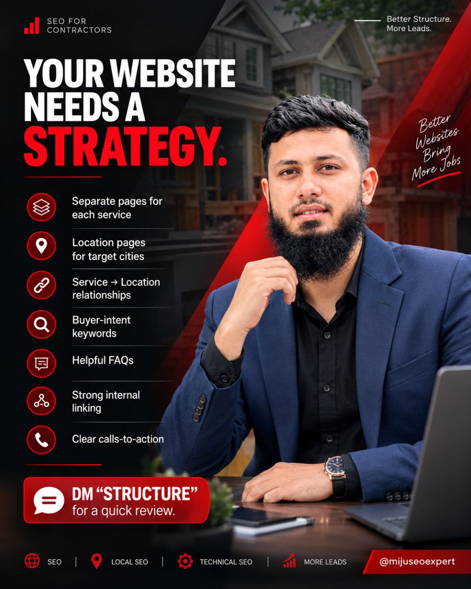 aeoexpertpro's tweet photo. More content ≠ better SEO.

For remodeling websites, focus on:

→ Service pages
→ Location pages
→ Buyer-intent keywords
→ Internal linking
→ Clear CTAs
Better structure = better visibility + more leads.
DM “Structure” for a quick review.
#LocalSEO #AISEO #AEO https://t.co/VAflLJx00Z