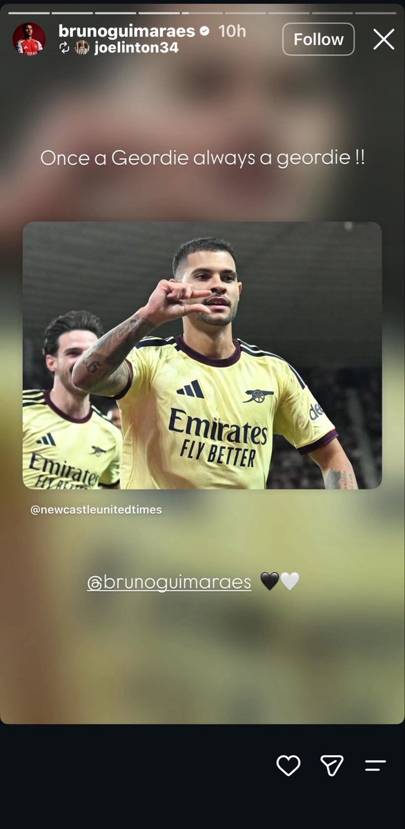 Frisconoball's tweet photo. No fking way playing for the league winners and openly boasting about Newcastle 🖤🤍

They could never make me hate you G 🇧🇷

#NUFC #BrunoG #Arsenal https://t.co/1MoTit6bnV