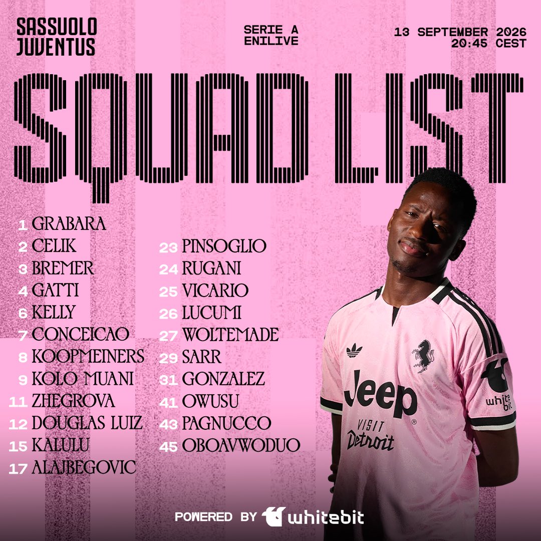 juventusfc's tweet photo. I calciatori convocati per #SassuoloJuve 📜⚪⚫

Powered by 
@WhiteBit https://t.co/gEQDfpBMel
