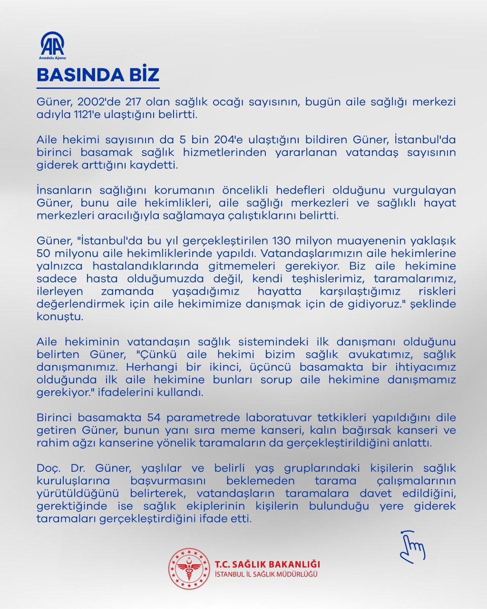 ismgovtr's tweet photo. 📍 İstanbul’da aile hekimliklerinde yılın ilk 7 ayında yaklaşık 52 milyon muayene gerçekleştirildi.

Anadolu Ajansı’na değerlendirmelerde bulunan İstanbul İl Sağlık Müdürümüz Doç. Dr. Abdullah Emre Güner(@dr_aemreguner):

“Hiçbir bekleme olmadan, kendi kararımızla veya çevremizden edindiğimiz bilgilerle aldığımız randevu yerine, aile hekimimizin değerlendirmesi sonucu aldığı randevuyla herhangi bir vakit kaybı olmaksızın ikinci ve üçüncü basamak sağlık kuruluşlarına başvurmayı sağlamış durumdayız. Bu yıl yaklaşık 2 milyon kişi randevu sistemine başvurmadan, aile hekimlerinin aldığı randevuyla hastanelere başvurdu.”

Haberin tamamı için 👉 https://t.co/fhlphAwini

#SağlığınBaşkentiŞifanınAdresiİstanbul