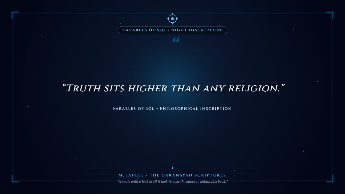 GaranayanIO's tweet photo. “Truth sits higher than any religion.”
What truth did you hold onto today despite the noise around you?
Take three deep breaths before you close your eyes tonight.
#Mindfulness #ParablesOfSol #NightThoughts #BookQuotes #Reflection https://t.co/phqWQmxBPV