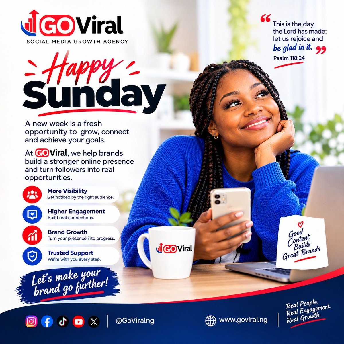 goviralsng's tweet photo. ✨ Happy Sunday from GO Virals! 🚀

A new week, a fresh opportunity to grow, connect &amp; achieve more.

Let’s take your brand further! 📈

Real People. Real Engagement. Real Growth.

#GOVirals #HappySunday #BrandGrowth https://t.co/vlY4PHzS1v