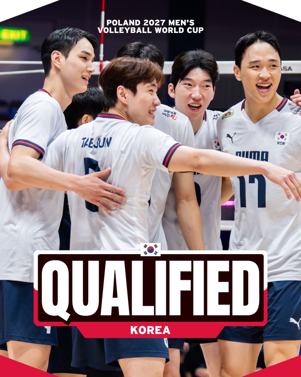 volleyballworld's tweet photo. ๐ฐ๐ท KOREA ARE WORLD CUP BOUND! ๐๏ธ๐
Korea have secured their place at the 2027 FIVB Volleyball Menโs World Cup! ๐๐ฅ
Korea make it three for Asia on the road to 2027 ๐ฐ๐ท๐
๐ #Volleyball #VBWorldCup https://t.co/0AzFxQdbXl
