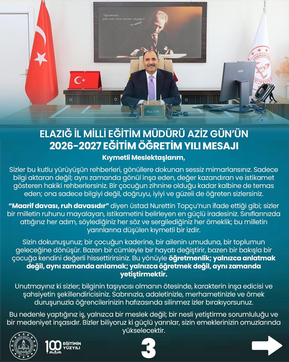 elazigmem's tweet photo. İl Milli Eğitim Müdürümüz Sayın Aziz GÜN'ün 2026-2027 Eğitim Öğretim Yılı Mesajı 
👉 https://t.co/0x4BBjIw5z
@tcmeb @Yusuf__Tekin @numanhatipoglu @gun_aziz #Elazığ https://t.co/3qtHe1Vb7m