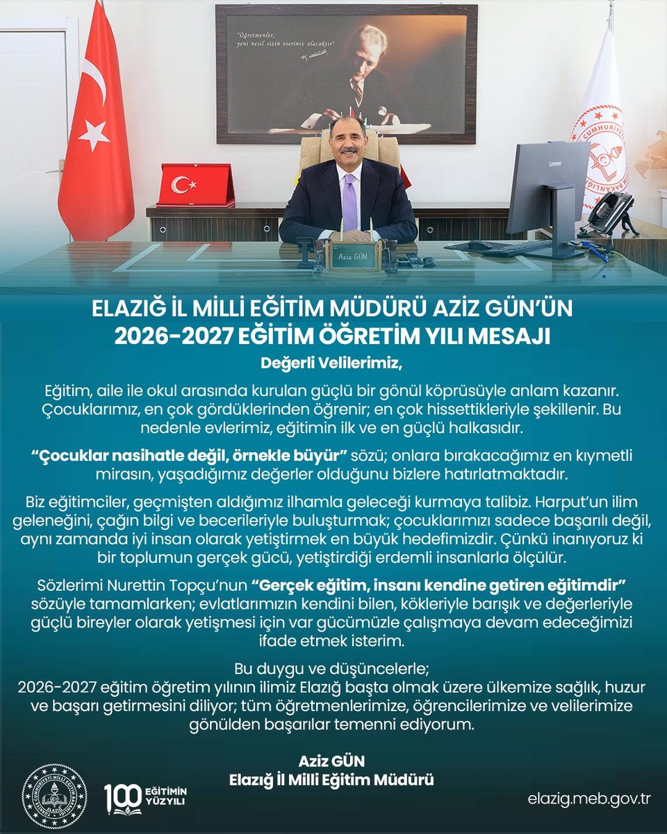 elazigmem's tweet photo. İl Milli Eğitim Müdürümüz Sayın Aziz GÜN'ün 2026-2027 Eğitim Öğretim Yılı Mesajı 
👉 https://t.co/0x4BBjIw5z
@tcmeb @Yusuf__Tekin @numanhatipoglu @gun_aziz #Elazığ https://t.co/3qtHe1Vb7m