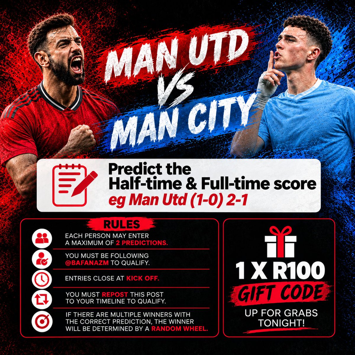 BafanazM's tweet photo. Manchester Derby Competition 🔴 x 🔵

All you need to do is predict the half time and full time score and you win yourself a R100/5K NGN @SportyBet gift code!

✅ RT this post and follow me to qualify 
✅ Only comments on this post will be accepted.    

Get those predictions in below 👇🏾