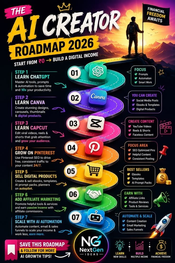 AIUpdatesX's tweet photo. Want to become an AI creator in 2026? 👀

This roadmap breaks it down from learning AI tools to creating content, selling digital products, affiliate marketing, and scaling with automation. 🚀

Which step would you start with? 👇 https://t.co/BMiQh22Nut
