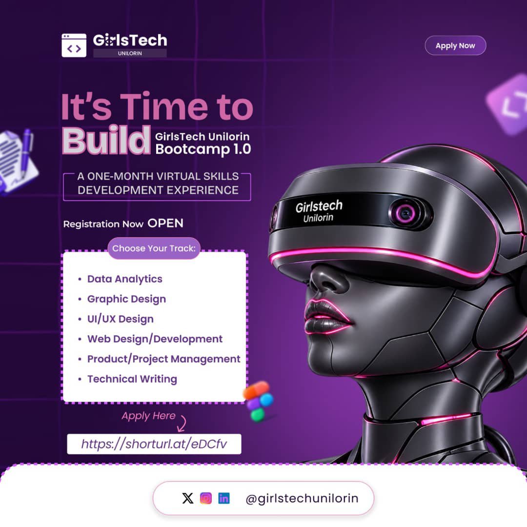 Girlstech_UIL's tweet photo. GirlsTech Bootcamp 1.0 is officially open for applications!🎉

If you've been learning, exploring tech, or wondering what to do with all that knowledge, this is your chance to put it to work.

Register: https://t.co/DW4638aLU2

#girlstechunilorin #girlstechbootcamp https://t.co/5lvKj2rs9c