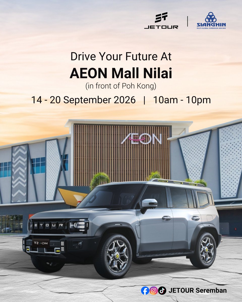 sianghin's tweet photo. The countdown is on. Catch the All-New #JETOUR #T2iDM at #AEONMallNilai until 20 Sep, ahead of its official launch tomorrow. Get a closer look & discover current Jetour promotions.
*T&Cs apply
#Sianghin #MultiGlobal #JETOURCheras #JETOURSeremban #JETOURMalaysia https://t.co/dH33nrUDnr