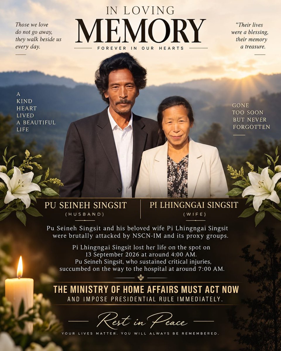 kukigrand2026's tweet photo. #BREAKINGNEWS
Today, we mourn the tragic loss of Pu Seineh Singsit and Pi Lhingngai Singsit. May their souls rest in peace, and may their loved ones find strength in this painful hour. Their deaths must not be forgotten. We urge the Ministry of Home Affairs to act decisively. https://t.co/lIkGBxY3TY