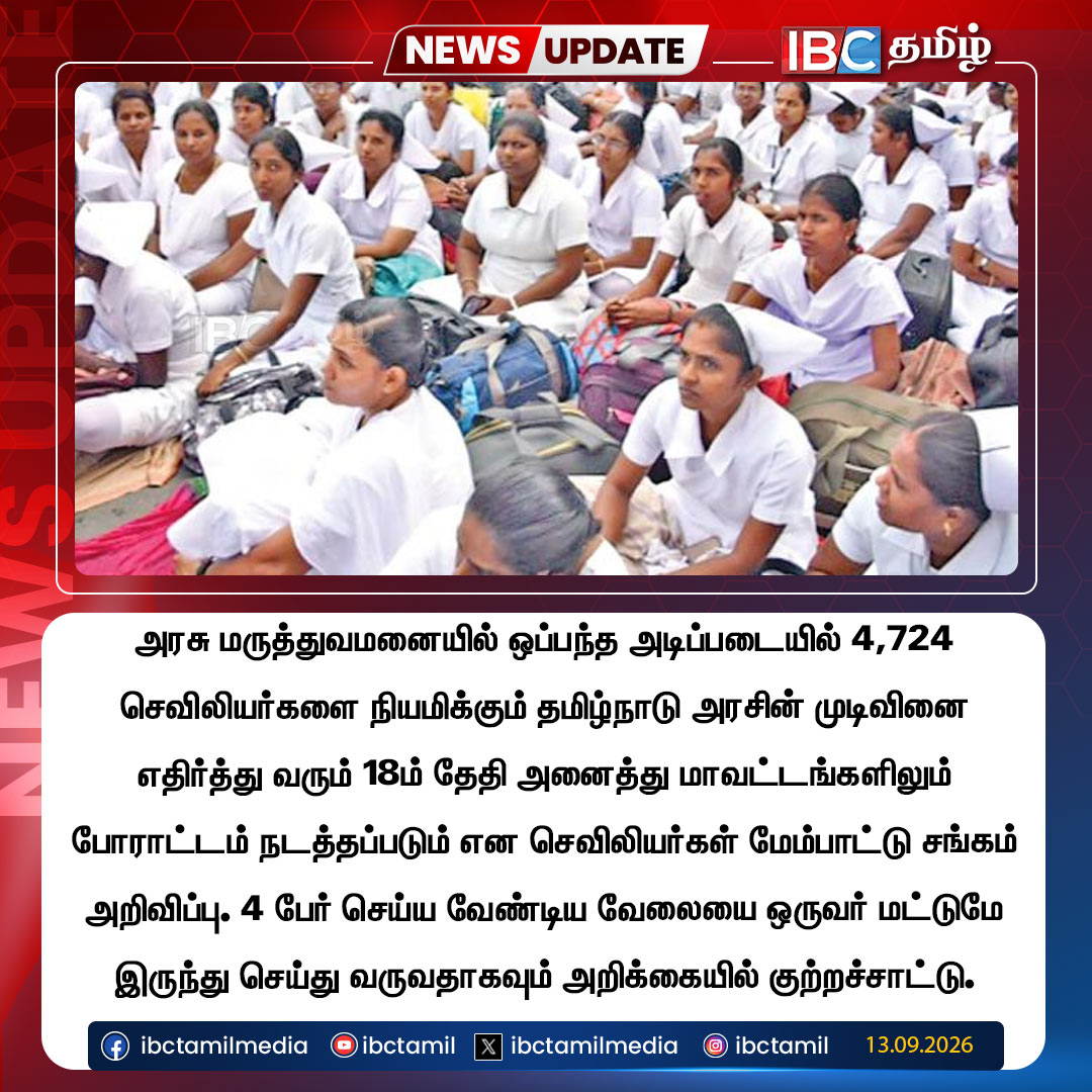 ibctamilmedia's tweet photo. 4,724 செவிலியர்கள் நியமனம் எதிர்ப்பு! 18-ம் தேதி மாநிலம் முழுவதும் போராட்டம்
#NursesProtest #TamilNadu #Nurses #IBCTamil https://t.co/LgERGm2ubd