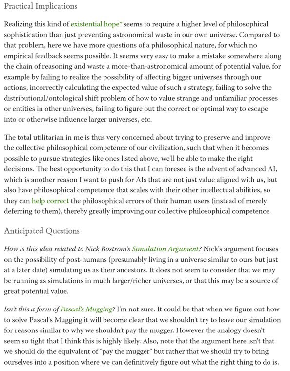 WeiDaix's tweet photo. My version of the simulation argument: "It seems very easy to make a mistake somewhere along the chain of reasoning and waste a more-than-astronomical amount of potential value, for example by failing to realize the possibility of affecting bigger universes through our actions, https://t.co/HXZewgxl2i