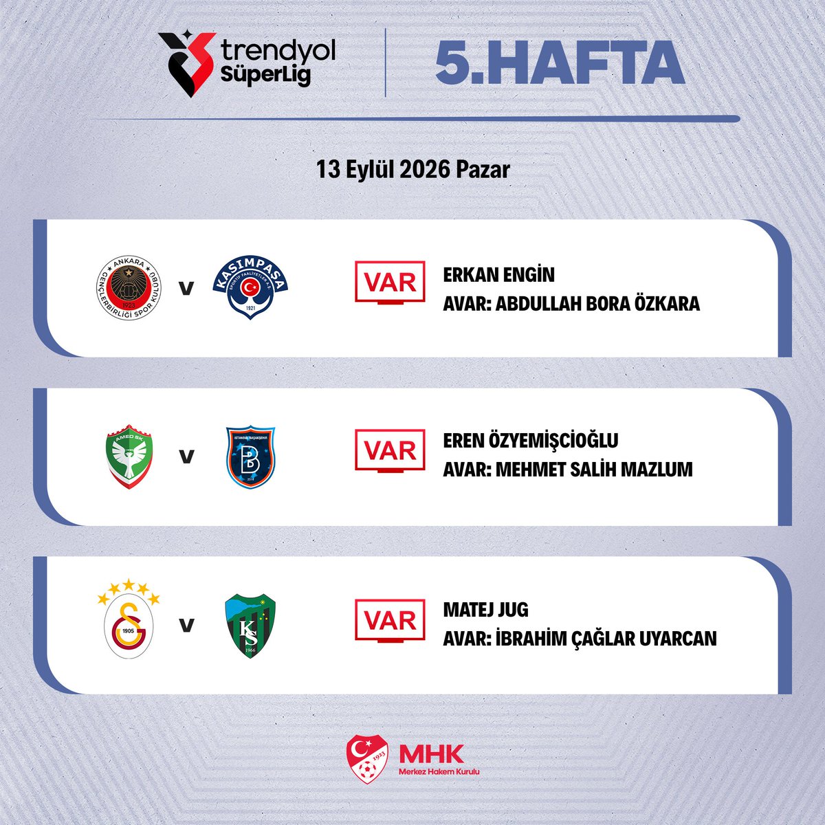 MHK_Resmi's tweet photo. Trendyol Süper Lig’de bugün oynanacak maçların VAR ve AVAR hakemleri belirlendi. https://t.co/o2Xmeb9XTY