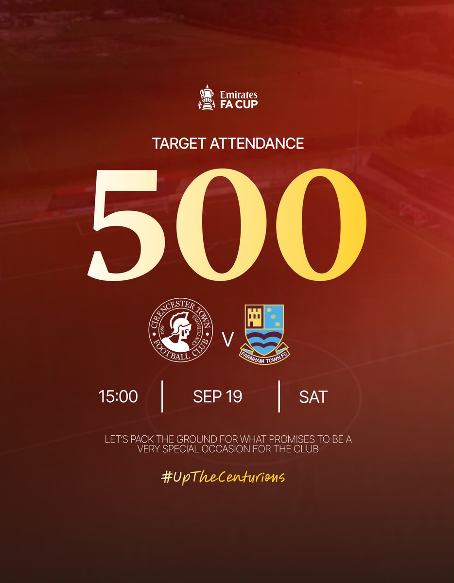 CirenTownFC's tweet photo. 𝐓𝐚𝐫𝐠𝐞𝐭 𝟓𝟎𝟎 🎯

As we celebrate our FA Vase victory from yesterday…

The Centurions are back at The Talent Hire Stadium next Saturday for a massive FA Cup tie against National League South side Farnham Town.

Please share this with your friends and family as we look to hit 500 supporters for the first time in a long, long time!

🔴⚫️