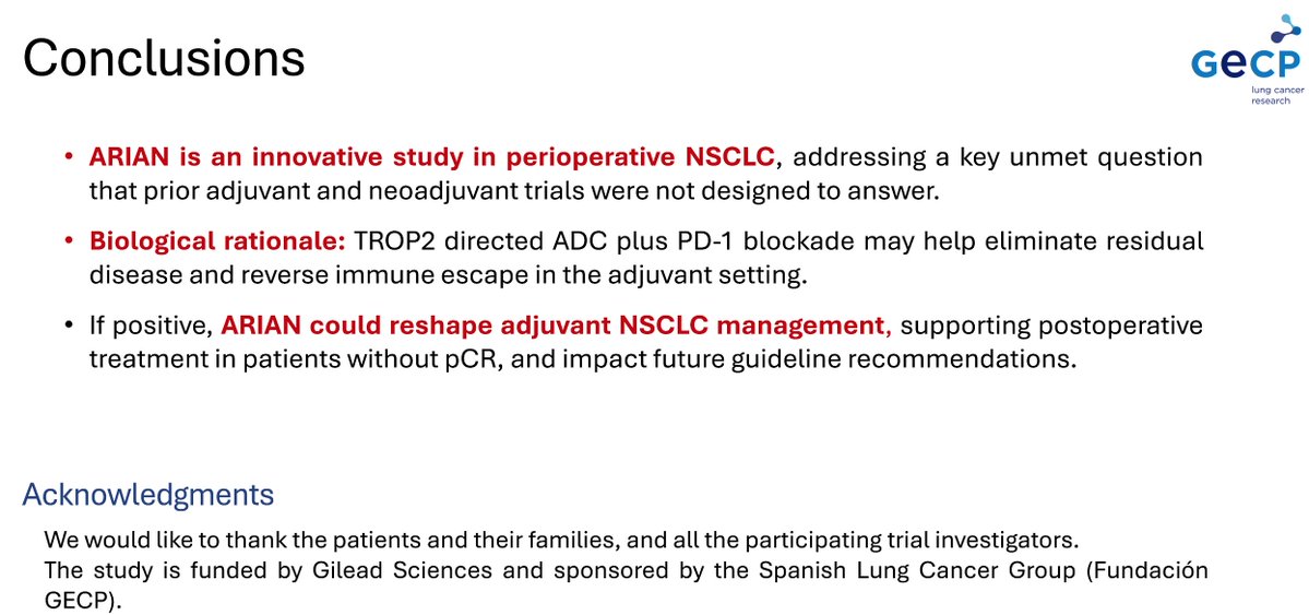 ManuelDomine's tweet photo. ARIAN, a Phase III, Randomized Study of Adjuvant Treatment With Sacituzumab and Zimberelimab in Resected Patients. WORLD CONFERENCE LUNG CANCER25 #WCLC26 Seoul @gecp_org @Hospital_FJD @quironsalud @UAM_Madrid #IIS-FJD @OncoAlert @AEACaP #LCSM @LungCancerEu https://t.co/RIti2W6dCm