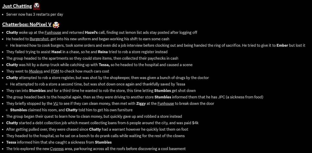 ChatterboxTLDR's tweet photo. Chatterbox: NoPixel V TLDR
 — 
September 9th 2026
Subathon day 2
 —  
🔴 → https://t.co/bskN17LhTs
🟣 → https://t.co/YuHv06e1lg
Clips → https://t.co/YGpjMs4zuo

For all timestamps + more recaps join the discord → https://t.co/ETndrLxgdQ https://t.co/D9ghdIlAXs