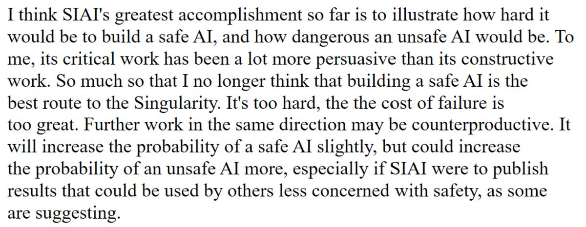 WeiDaix's tweet photo. This actually left out the most unique thing I did. (Each item on Andreas's list was done by at least one other person besides myself.) Starting in 2004, I concluded that Friendly AI would be too hard/risky to attempt, and repeatedly tried to talk Eliezer/MIRI out of pursuing https://t.co/HgzWYPneWp