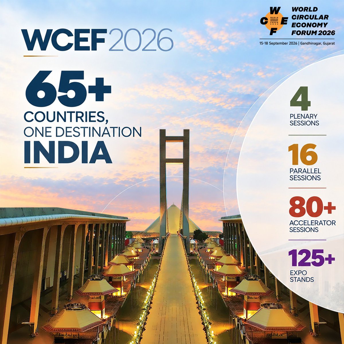 EnvironmentPib's tweet photo. India to host #WCEF2026, themed 'Circular Economy: Transition for People and Prosperity'. A Global Platform for Cross-sectoral Partnerships to facilitate Circular Finance &amp; advancing Innovation for Circularity

📍Gandhinagar, Gujarat
🗓️ September 15-18

📝 https://t.co/UFSQup5f1u https://t.co/5QFGhqSFYi