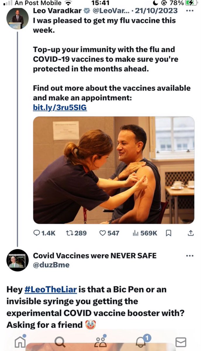 duzBme's tweet photo. Leo Varadkar and this creepy chap have so much in common. Watch the video and tell me I’m wrong.
Same sleeve-down pose, same “I just got the jab” smile… and Leo’s famous invisible syringe still hasn’t shown up. @Censored4sure 
#InvisibleSyringe #LeoTheLiar #TrustTheScience https://t.co/o700BIPxYT