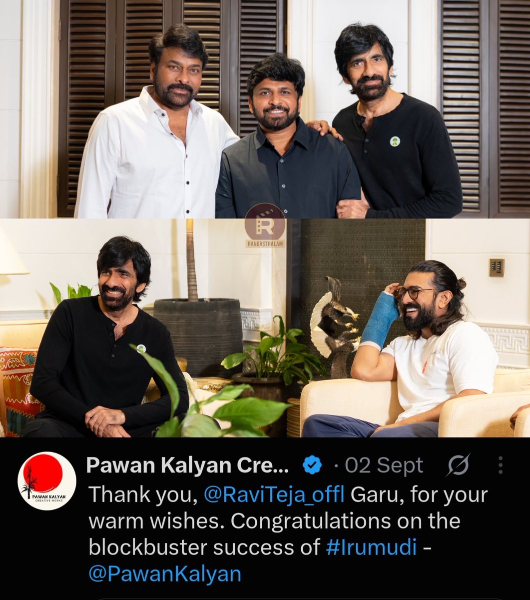 RangasthalamIN's tweet photo. Why the ‘SILENCE’ from other Big Stars ?! 

Apart from #Chiranjeevi, #PawanKalyan &amp; #RamCharan, none of the Industry TOP STARS have wished #RaviTeja on the success of #Irumudi.

A generational blockbuster like #IRUMUDI deserves a lot more love from the film fraternity… https://t.co/Zy3cFe3dkJ