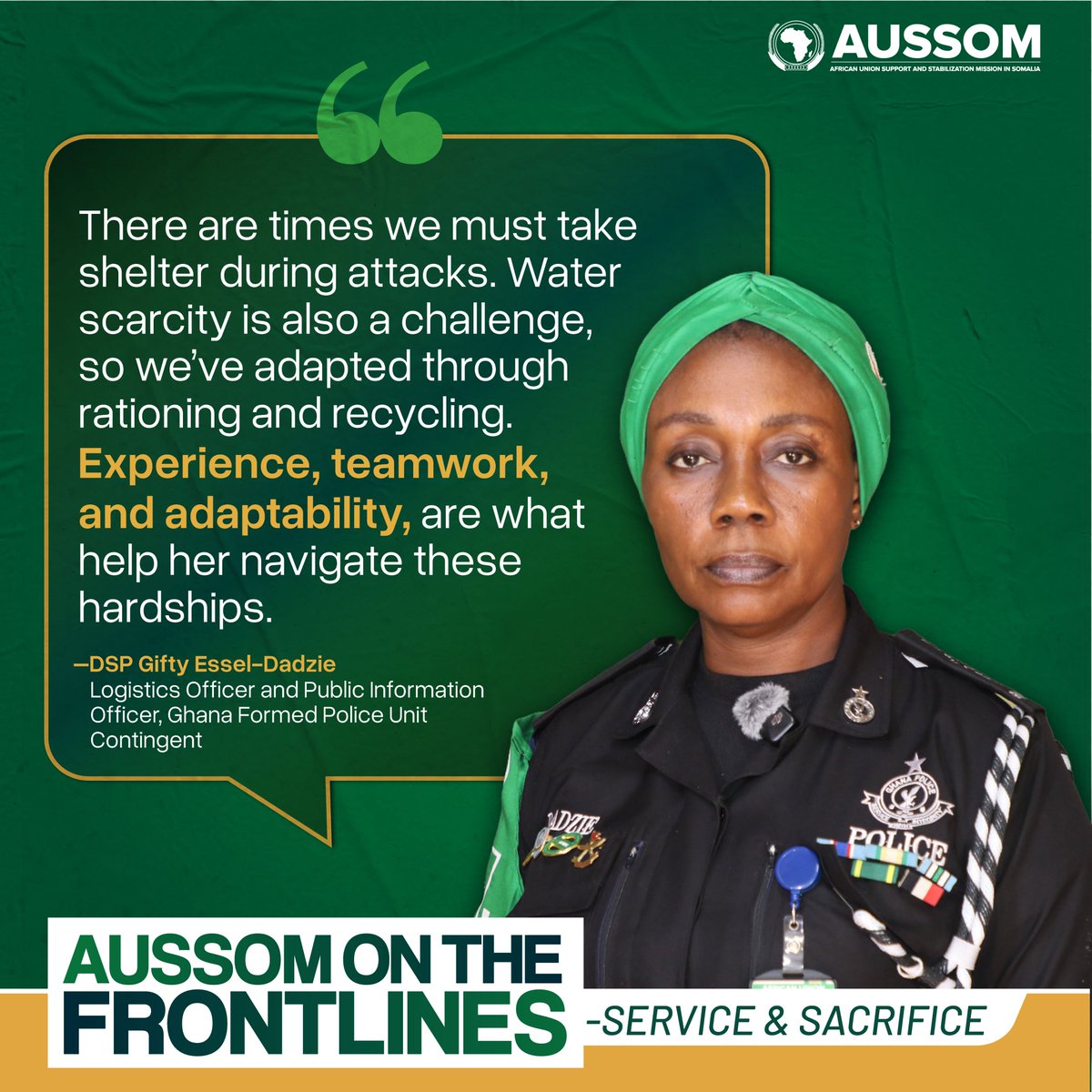 aussom_'s tweet photo. Frontline deployments require resilience, teamwork, and adaptability in the face of daily operational challenges. DSP Gifty Essel-Dadzie reflects on navigating demanding conditions while supporting mission operations.
#AUSSOMOnTheFrontlines
#ServiceAndSacrifice https://t.co/eqW0rtWfMi