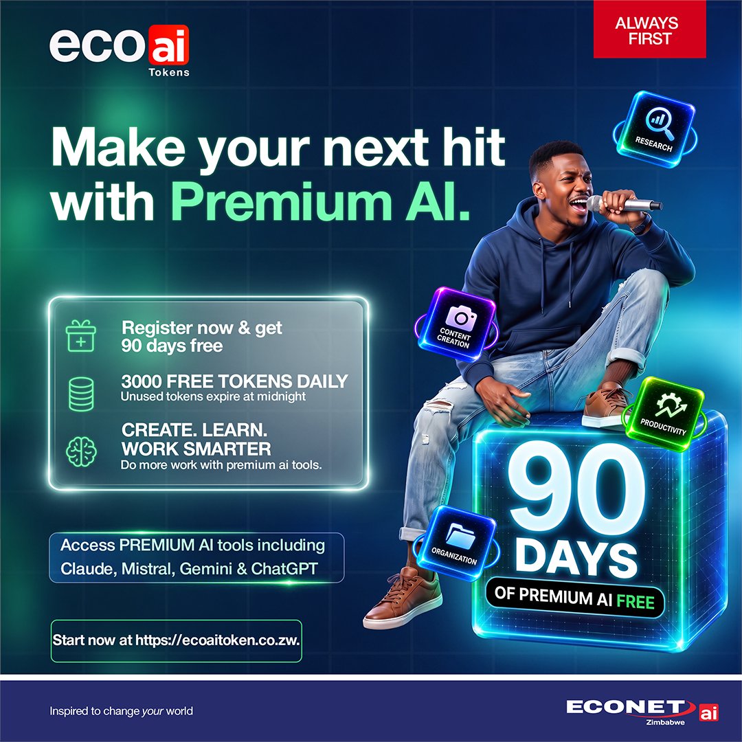 econetzimbabwe's tweet photo. That moment when one AI tool isn't enough... π
With ecoAI Tokens, you can create, research, organise and stay productive using premium AI tools.
Plus, get 90 days free and 3000 FREE tokens daily. π₯
Start now at https://t.co/BOzHUoj2Im.
#ecoAI #AlwayFirst #Econet https://t.co/YeGNJTJcdi
