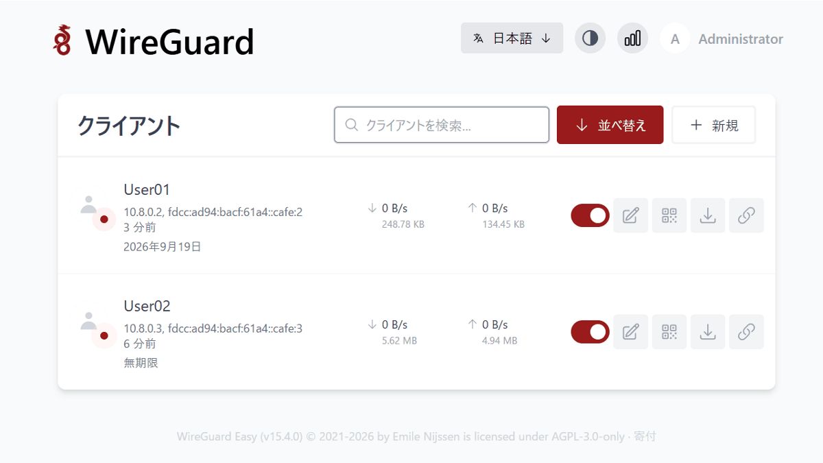 gigazine's tweet photo. 無料でWireGuardを簡単にインストール・管理できる「WireGuard Easy」、クライアントの一覧表示・作成・編集・削除・有効化・無効化・QRコード表示・設定ファイルのダウンロードなどが可能 https://t.co/oUavA2XKVi