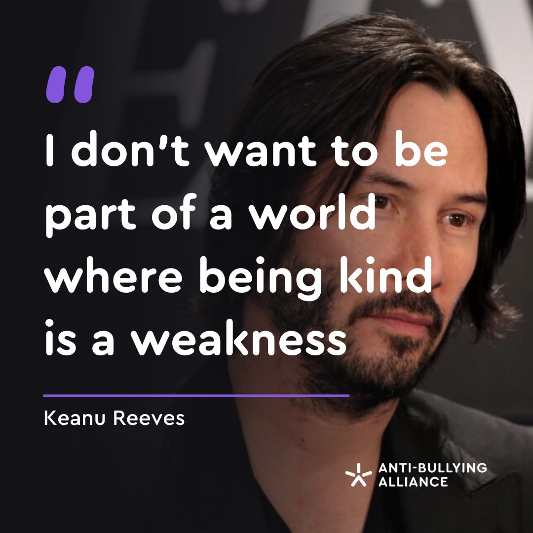 A photo of Keanu Reeves with his quote: I don't want to be part of a world where being kind is a weakness.