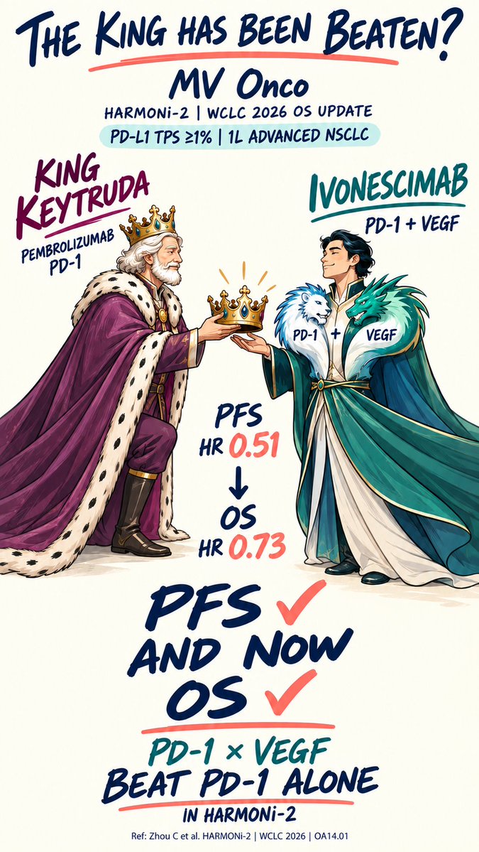 ChandrakanthMv's tweet photo. 👑 Has King Keytruda finally met its challenger?
HARMONi-2 | PD-L1 TPS ≥1% | 1L advanced NSCLC
• PFS: HR 0.51
• OS: HR 0.73
PD-1 × VEGF — ivonescimab beat pembrolizumab in HARMONi-2.
#MVOnco #WCLC2026 #HARMONi2 #NSCLC #LungCancer #Ivonescimab #Pembrolizumab https://t.co/Lkf6uvbxOe