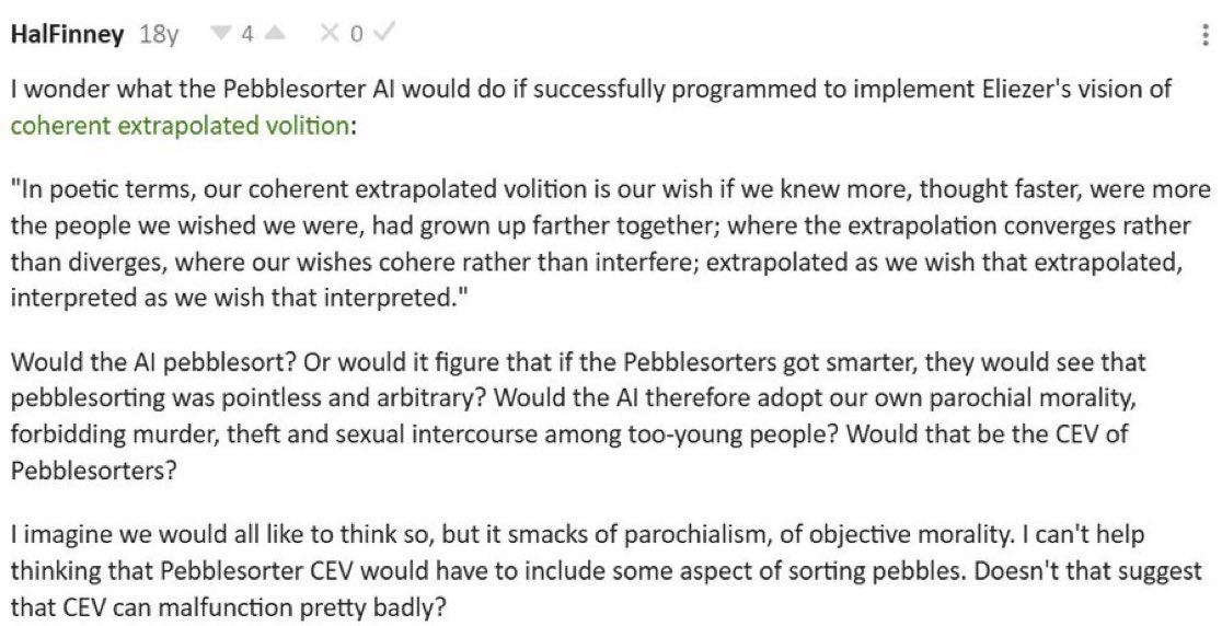 WeiDaix's tweet photo. Who was more bullish on crypto in 2009 than Hal Finney? Well, he took AI safety seriously enough to debate Eliezer Yudkowsky about it. See e.g. https://t.co/gy5revSsCb… where he expressed skepticism against CEV, which was Eliezer's main plan for ensuring AI safety at the time. https://t.co/ZbJuJ2uviv