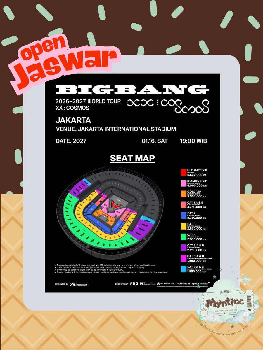 Mynticc's tweet photo. [OPEN JASWAR TICKETING BIGBANG 2026-2027 WORLD TOUR < XX : COSMOS > IN JAKARTA]

✨ @mynticc  open for Membership, BCA Presale and General Sale✨

💰 Fee start from 200k
📅 16 January 2027
📍 Jakarta International Stadium (JIS)

💌MORE INFO &amp; BOOK BY DM

tag wts wtb jastip vip yg https://t.co/t6hsa60quv