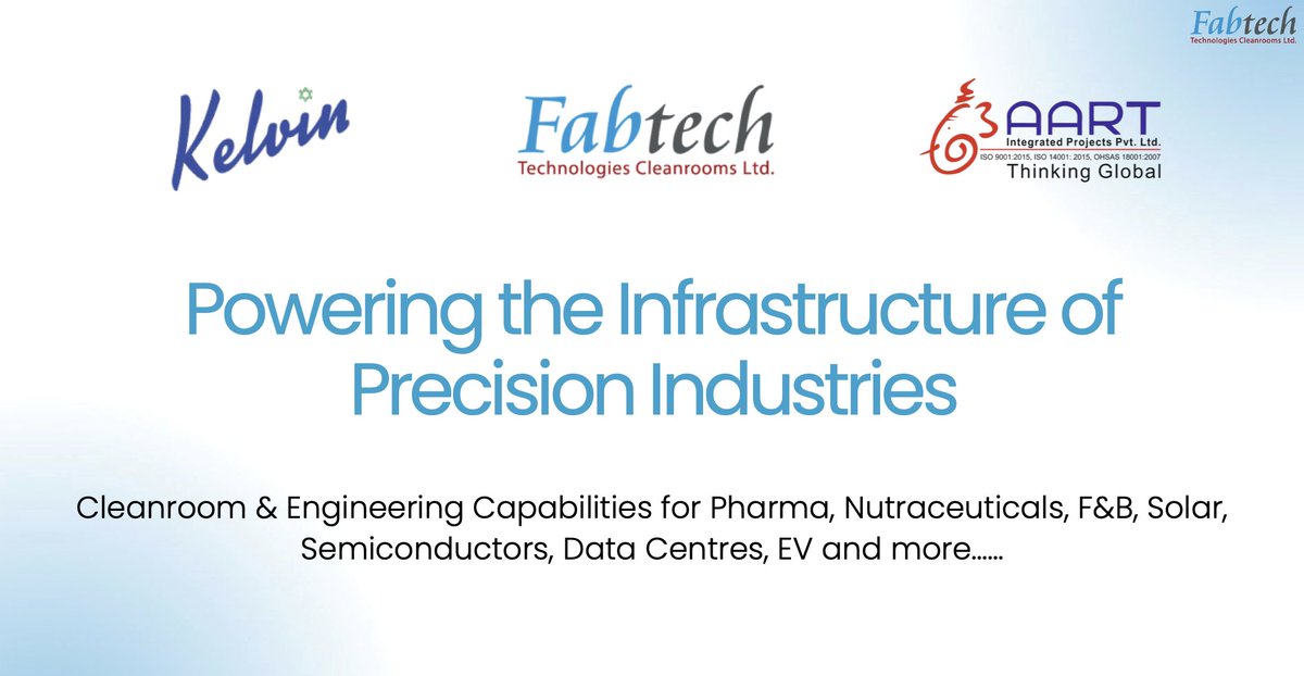 Akash17971's tweet photo. FABTECH CLEANROOMS - COMPANY TO STUDY, TRACK & RESEARCH 📑⚡️💡

Fabtech Cleanrooms is an integrated cleanroom infrastructure and engineering solutions company catering to industries where contamination control and precision environments are critical. Its key sectors include pharma, biotech, solar, semiconductors, data centres, EV and other high-tech industries.

The interesting part of the business is that Fabtech is not limited to cleanroom panels. It is gradually building a broader end-to-end cleanroom infrastructure platform.

▪️ Cleanroom Panels, Ceilings & Flooring - modular walls, partitions, ceiling panels, doors, view panels and covings.

▪️ HVAC & AHU Solutions - precision-controlled HVAC systems and in-house air handling capabilities for temperature, humidity, airflow and particulate control.

▪️ MEP Services - mechanical, electrical and plumbing integration for cleanroom and high-tech facilities.

▪️ T-Grid Systems - used as the structural backbone for cleanroom ceilings, particularly relevant for semiconductor and solar facilities.

BIG GROWTH AREAS
The company is expanding beyond its traditional pharma/biotech base into semiconductors, solar and data centres, where investments in advanced manufacturing facilities are creating additional demand for contamination-controlled infrastructure.

India 2030 opportunity of around $21B in data centres, $24–25B in solar, $13B in life sciences and ~$11B in semiconductors.

Fabtech has already entered semiconductor projects with Kaynes Semiconductor and CG Semi, while it has also penetrated data-centre projects involving Nxtra Data, Ctrl S and Qualcomm.

ORDER BOOK
As of 31 May 2026, consolidated order booking stood at ₹354.74 crore.

▪️ Renewable Energy - ₹184.42 Cr
▪️ Pharma - ₹135.18 Cr
▪️ Data Centres - ₹27.17 Cr
▪️ Semiconductor - ₹0.50 Cr
▪️ Others - ₹7.47 Cr

This gives a good indication of the company's current exposure to both its established pharma business and newer growth verticals.

EXPANSION & STRATEGIC INVESTMENTS
Fabtech has been strengthening its capabilities through strategic investments and acquisitions:

▪️ Kelvin - 60.50%: complete HVAC solutions across pharma, industrial and data-centre applications.

▪️ Advantek - 34.99%: manufacturing of AHUs and related critical components.

▪️ AART - 28%: specialised design and engineering capabilities for semiconductor and solar projects.

The company is also expanding its manufacturing footprint with a Hyderabad facility, while the Fabtech Fortlinedoors facility at Umbergaon adds dedicated manufacturing capacity.

📌 WHAT I WOULD TRACK

▪️ Execution of the ₹354.74 Cr order book
▪️ Growth in semiconductor and solar projects
▪️ Data-centre order additions
▪️ Hyderabad manufacturing expansion
▪️ Contribution from Kelvin, Advantek and AART
▪️ Whether the company can successfully move from a cleanroom-focused business towards a broader integrated infrastructure solutions platform

Overall, Fabtech is an interesting company because it sits at the intersection of pharma + cleanroom infrastructure + data centres + semiconductor + solar capex.

Definitely worth putting on the study, track & research list.

Disclaimer:
For educational purposes only. No advice. DYOR.