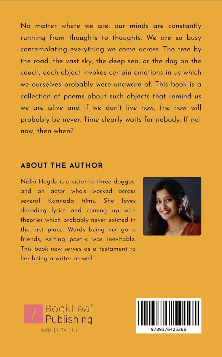 NidhiHegde15's tweet photo. I WROTE A BOOK!
If Not Now, Then When? is a small and modest collection of 21 poems.
The book is available on Amazon, Flipkart, Barnes & Noble (if you live in the US) and in online store of BookLeaf Publishers.
#poetry #poems #BookCommunity #bookofpoems #poetrybooks https://t.co/tNCN0wPYF5
