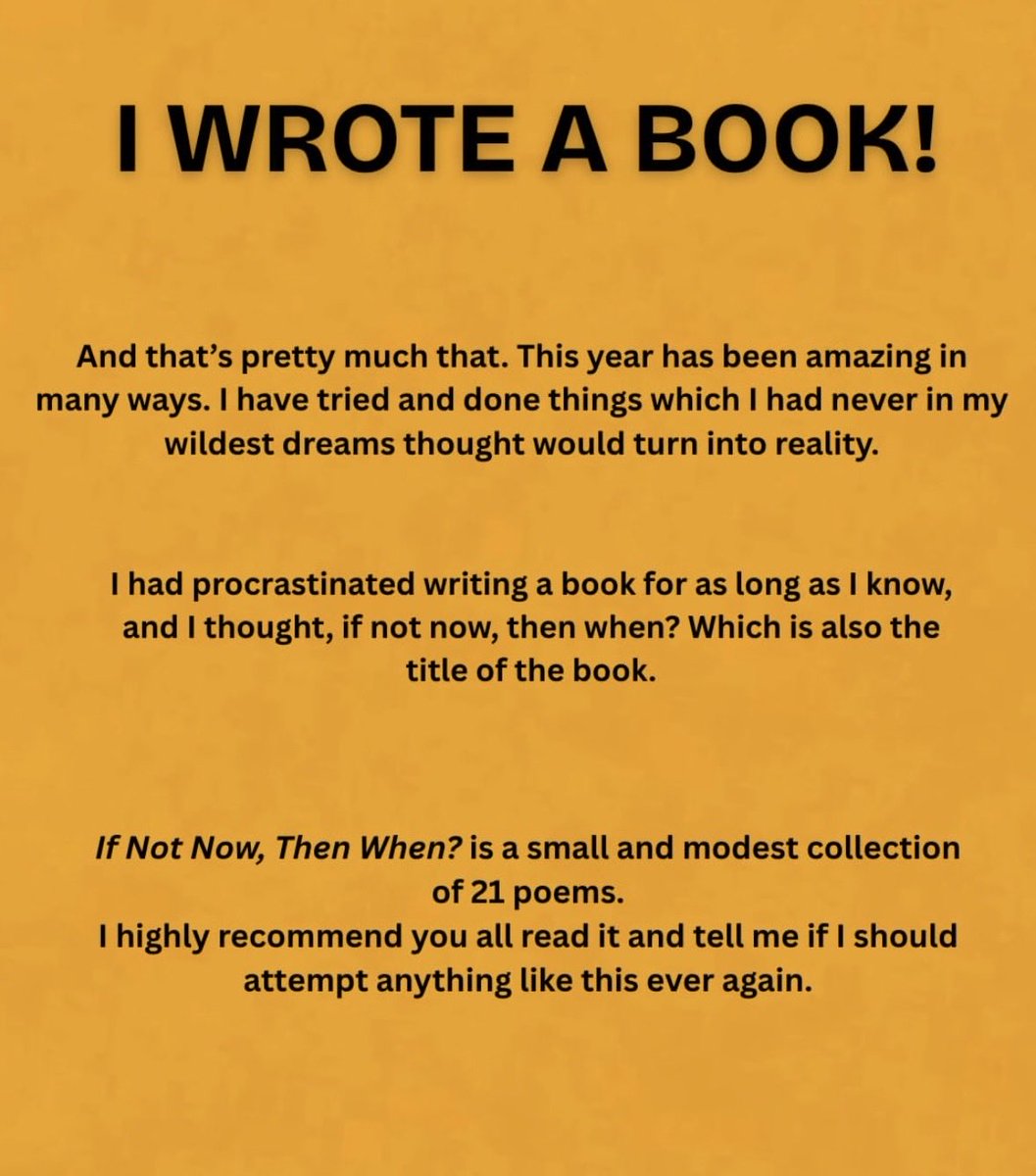 NidhiHegde15's tweet photo. I WROTE A BOOK!
If Not Now, Then When? is a small and modest collection of 21 poems.
The book is available on Amazon, Flipkart, Barnes & Noble (if you live in the US) and in online store of BookLeaf Publishers.
#poetry #poems #BookCommunity #bookofpoems #poetrybooks https://t.co/tNCN0wPYF5