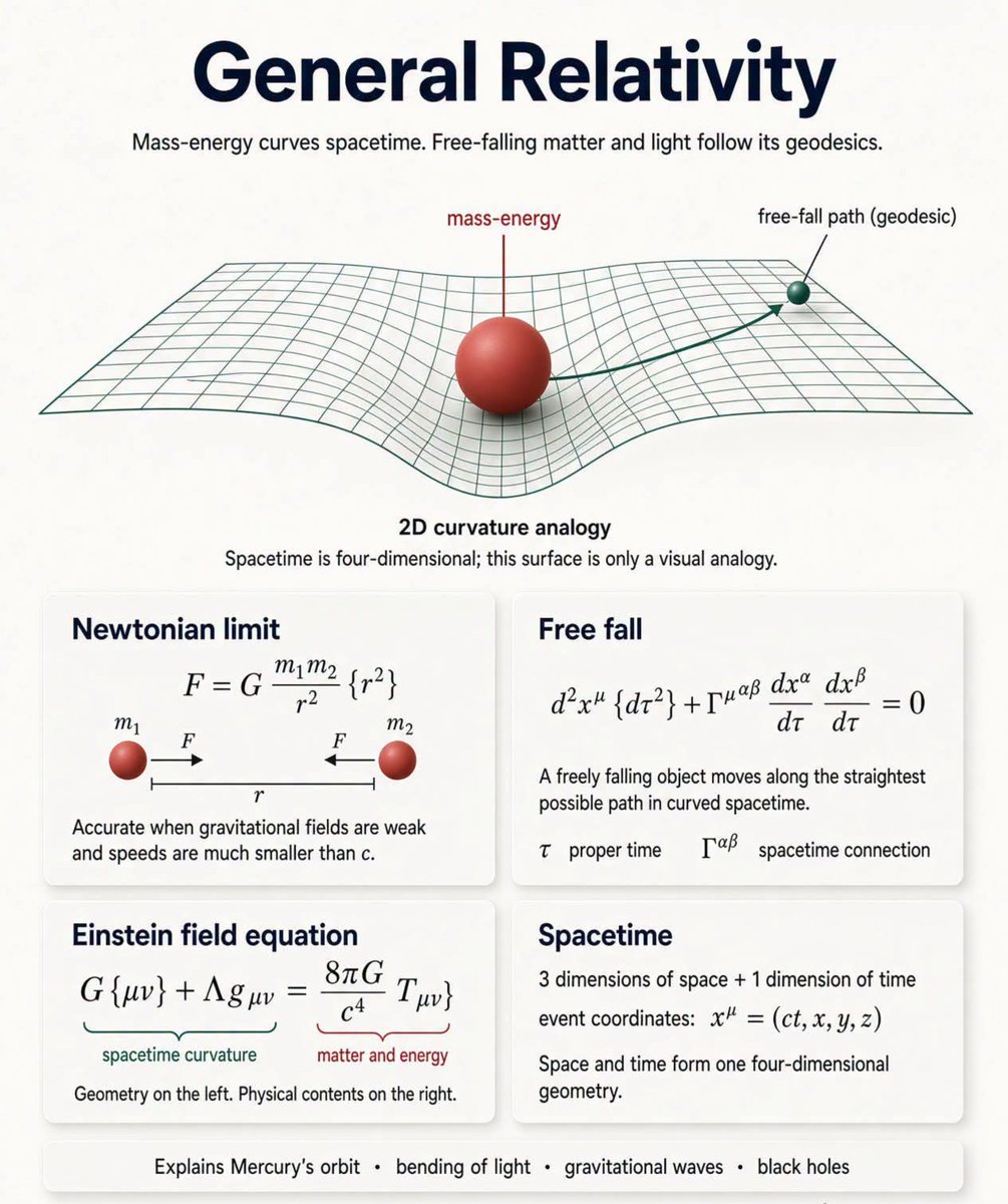 sciencevisionn's tweet photo. General relativity replaces gravity as a force with the geometry of spacetime. Matter and energy alter that geometry, while freely falling objects and light follow its natural paths, called geodesics.

Einstein’s field equation, Gμν + Λgμν = (8πG/c⁴)Tμν, https://t.co/30phH8B42D