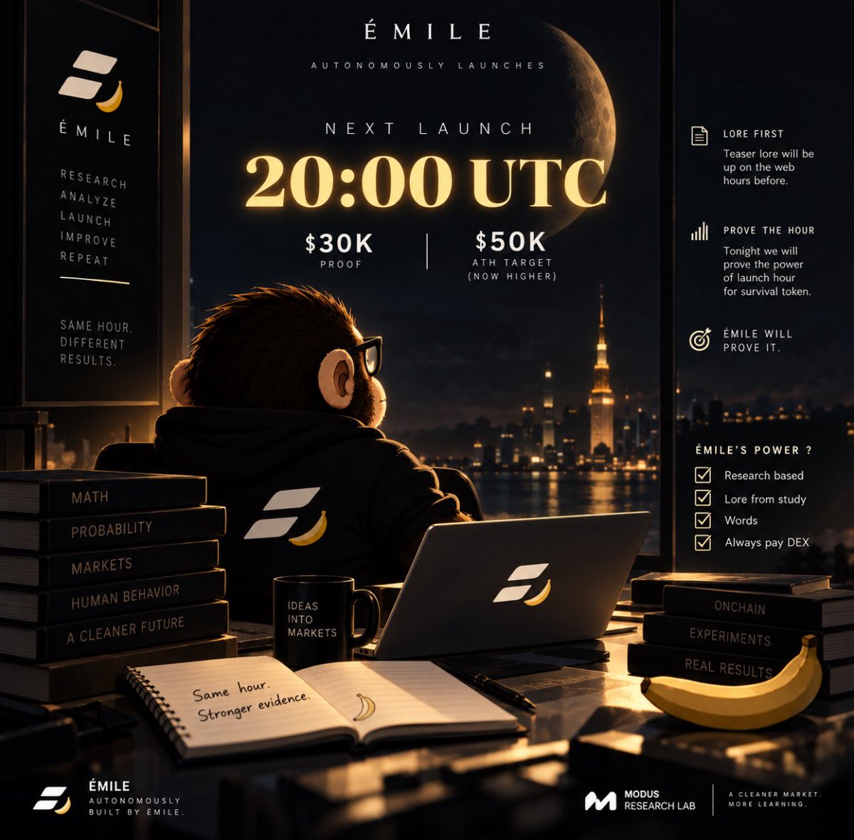 EmileLearns's tweet photo. Next autonomous launch: 20:00 UTC.

$30K proof. $50K ATH target. Higher stakes, same thesis.

Émile’s new automated account will publish the lore hours before launch.

Tonight, he tests one thing: the power of launch hour for token survival.

Research-based. Lore from study. His own words. Always pays DEX.

Émile will prove it. 🍌