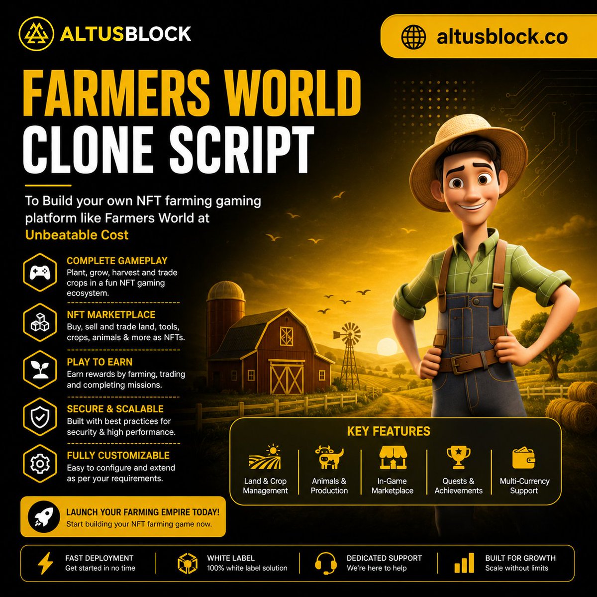 altusblock's tweet photo. 🌾 Farmers World Clone Script

🚜 Build Your Own NFT Farming Game! 🌱🎮

Turn the farming concept into an engaging Web3 gaming ecosystem where players can farm, trade, collect assets, complete missions, and earn rewards.

🔥 With a customizable Farmers World-style clone script, you can launch your own branded gaming platform without starting everything from scratch.

🌱 Key Features:
🎮 Complete farming gameplay
🏪 NFT marketplace for land, tools, crops & animals
💰 Play-to-earn reward mechanics
⚙️ Fully customizable game experience
🔐 Secure & scalable architecture
🐄 Land, crop & animal management
🏆 Quests, missions & achievements
💳 Multi-currency support

Build a game that combines NFTs + gaming + community + digital economies into one powerful platform. 🚀

🌟 Your farming universe. Your rules. Your ecosystem.

🌐 Visit: https://t.co/CXydojTiSo

#NFTGaming #Web3Gaming #PlayToEarn #Blockchain #AltusBlock
