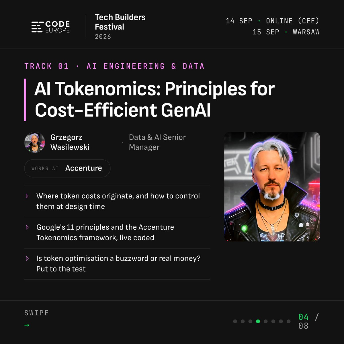 code_europe's tweet photo. Code Europe starts tomorrow.

September 14–15, Stadion Legii, Warsaw. Two days of talks, workshops, and people who actually ship code.

Do you have your ticket? Last chance to grab one: https://t.co/9CznF7CmRE

🔍 Aleksandr Nikolenko, Perplexity. 
Search as code: sandboxed pipelines instead of serial tool calls, 100% on a 200+ CVE task with 85% fewer tokens, and why sandbox design and state management matter as much as the model.

🐛 Nishant G., Meta Superintelligence Labs. 
Every SLO met, every tool call fine, output wrong. Tracing, trajectories, replay and evals for a system that is thinking.

💸 Grzegorz Wasilewski, Accenture. 
Where token costs originate, how to control them at design time, and whether token optimisation is a buzzword or real money. Live coded.

🔁 Illia Slepau, SOFTSWISS. The delays sit before and after coding. An AI orchestrator with versioned context, automated checks and human decisions, from one request to a merge request.
