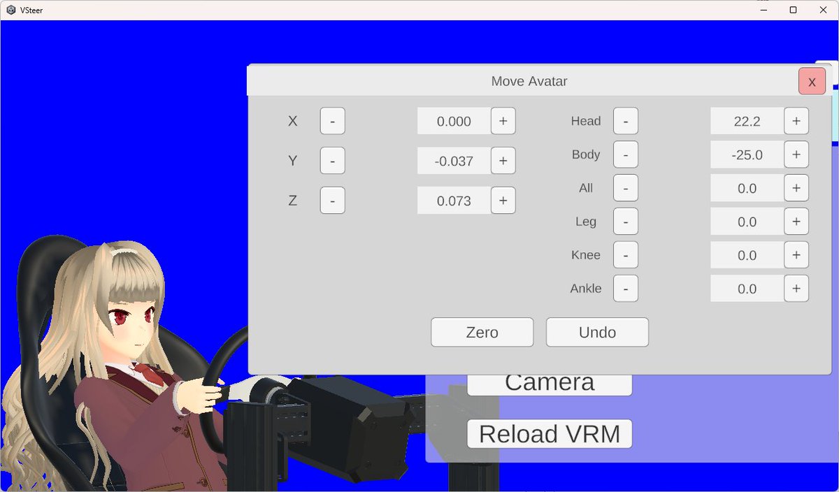 RacesimOjou's tweet photo. VSteer v0.8.0をリリースいたしました
ゲームパッド向けの入力調節機能、アバターおよびシートのピッチ方向の傾きを調節する機能を実装いたしました
これにより、これまで直立だった姿勢をツーリングカーらしいものにすることが可能となりました https://t.co/vNdD0sAbAZ