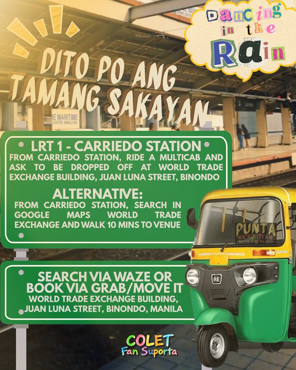 coletfansuporta's tweet photo. 💃🌧️ 𝐃𝐀𝐍𝐂𝐈𝐍𝐆 𝐈𝐍 𝐓𝐇𝐄 𝐑𝐀𝐈𝐍 🌧️💃

LIGAW NO MOAAAAAR! 

Mga Palangga! Our DIREST, please see our transportation guide to locate WTE as in World Trade Exchange! 🏙️

Amping, mga Palangga! 💚

🗓️ September 14, 2026
📍 World Trade Exchange, Binondo, Manila

Register and login to our new official website to secure your tickets.

🔗: https://t.co/5puXJVZoml

Let’s make this one for the books, mga palangga!

#DIRColetskiii 
#ParaKayColet 
#ColetFanSuporta