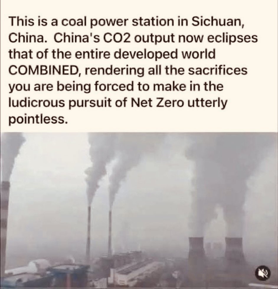 JamesMelville's tweet photo. While the UK government is still lecturing us about wood burners, cow farts, heat pumps, using the kettle less and banning new oil and gas licenses in the North Sea while importing £billions of oil and gas from Norway (extracted from the North Sea)…but also plastering the countryside with energy guzzling data centres - China emits more CO2 than the rest of the developed world combined.

Net Zero is a self-harm ritual performed by the UK government for the benefit of a group of corporations to get exceedingly wealthy from it.