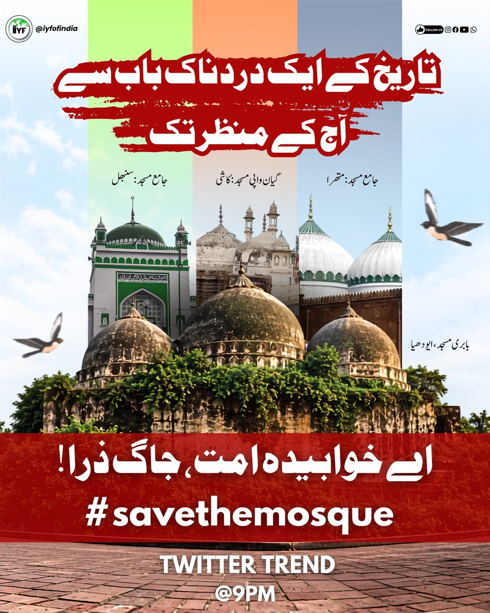 iyfofindia's tweet photo. 📢 ٹوئٹر ٹرینڈ الرٹ!

🕘 آج • رات 9:00 بجے

_🕌 ہماری مساجد۔ ہمارا ورثہ۔ ہماری آواز۔_

آئیے متحد ہو کر اپنی مساجد کے تحفظ اور بقا کے لیے اپنی آواز بلند کریں۔ https://t.co/vnRBvXpwP9