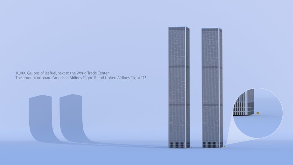 timtron2020's tweet photo. Volume of aviation fuel carried by the jetliners that are said to have destroyed the twin towers relative to the towers themselves; some of this jet fuel is supposed to have travelled all the way down elevator shafts to cause the evidence of explosions that was seen in the lobby. https://t.co/rKCykuPBWF