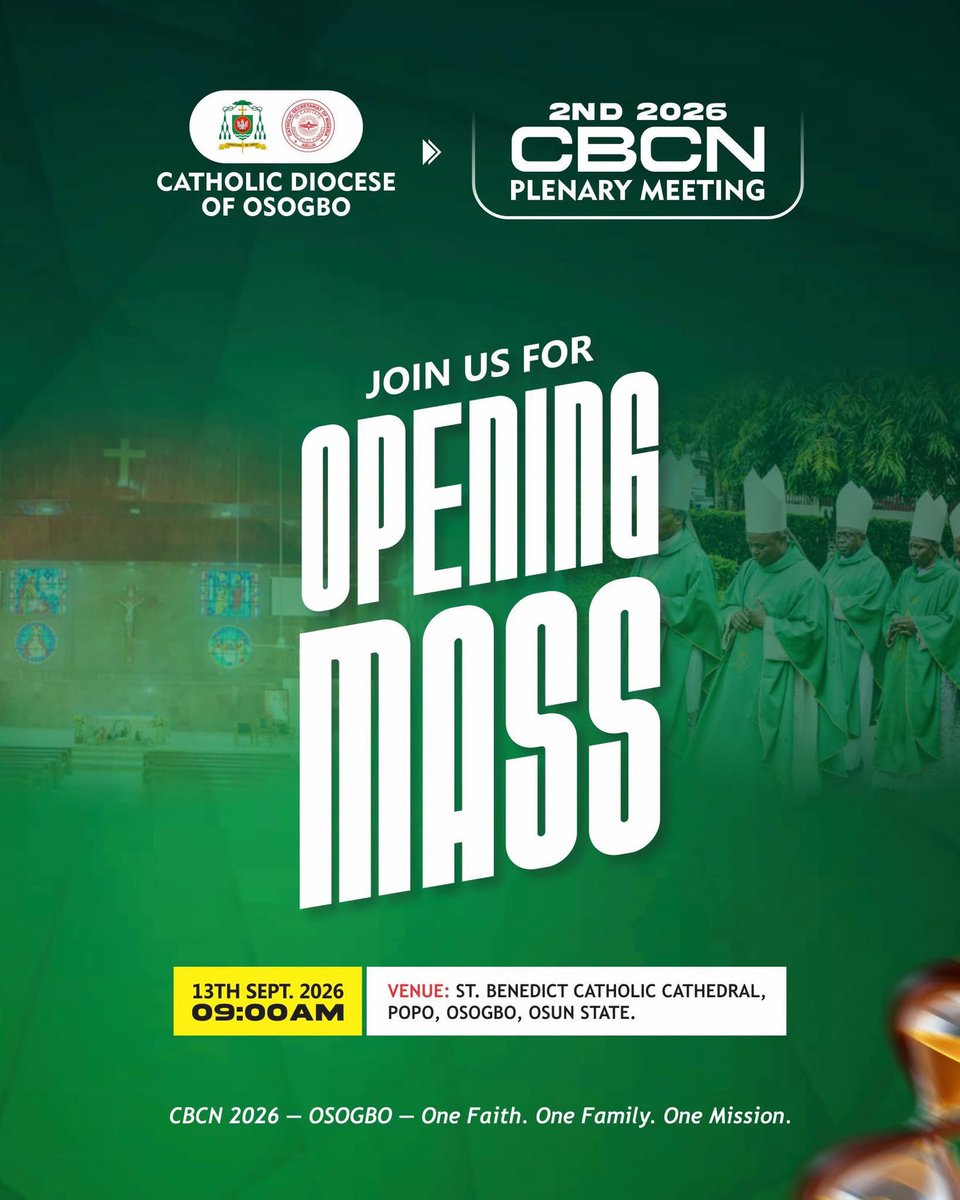 femstic09's tweet photo. Opening Mass 2nd 2026 CBCN PLENARY MEETING AT ST. BENEDICT CATHOLIC CATHEDRAL OSOGBO.
I’m glad that I’m witnessing the opening mass of the CBCN.

#CBCNOsogbo2026 #CBCN2026 #CatholicDioceseOfOsogbo #OneFaithOneFamilyOneMission https://t.co/DweymghtYt