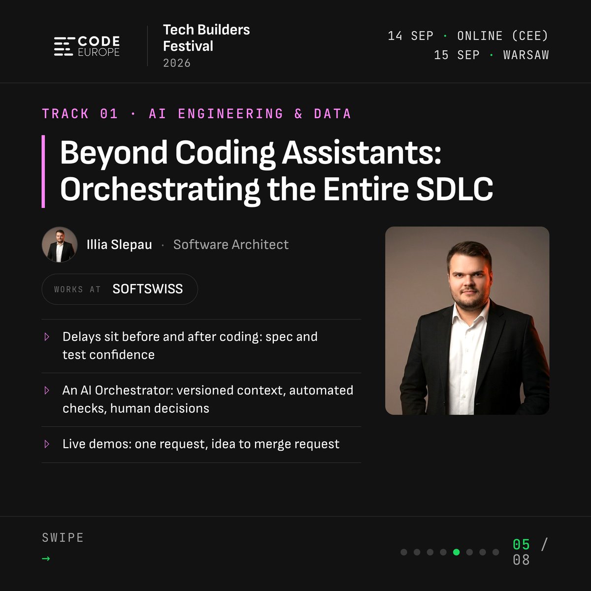 code_europe's tweet photo. Code Europe starts tomorrow.

September 14–15, Stadion Legii, Warsaw. Two days of talks, workshops, and people who actually ship code.

Do you have your ticket? Last chance to grab one: https://t.co/9CznF7CmRE

🔍 Aleksandr Nikolenko, Perplexity. 
Search as code: sandboxed pipelines instead of serial tool calls, 100% on a 200+ CVE task with 85% fewer tokens, and why sandbox design and state management matter as much as the model.

🐛 Nishant G., Meta Superintelligence Labs. 
Every SLO met, every tool call fine, output wrong. Tracing, trajectories, replay and evals for a system that is thinking.

💸 Grzegorz Wasilewski, Accenture. 
Where token costs originate, how to control them at design time, and whether token optimisation is a buzzword or real money. Live coded.

🔁 Illia Slepau, SOFTSWISS. The delays sit before and after coding. An AI orchestrator with versioned context, automated checks and human decisions, from one request to a merge request.