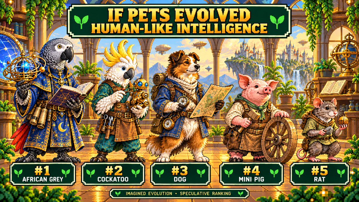 LulMail's tweet photo. What if our pets evolved human-like intelligence? 🦜🧠

From parrot scholars to tiny rat toolmakers—five imagined futures in an RPG world.

Pure speculation, not a scientific ranking. Who would build the first civilization? https://t.co/BgLcWvVpC4
