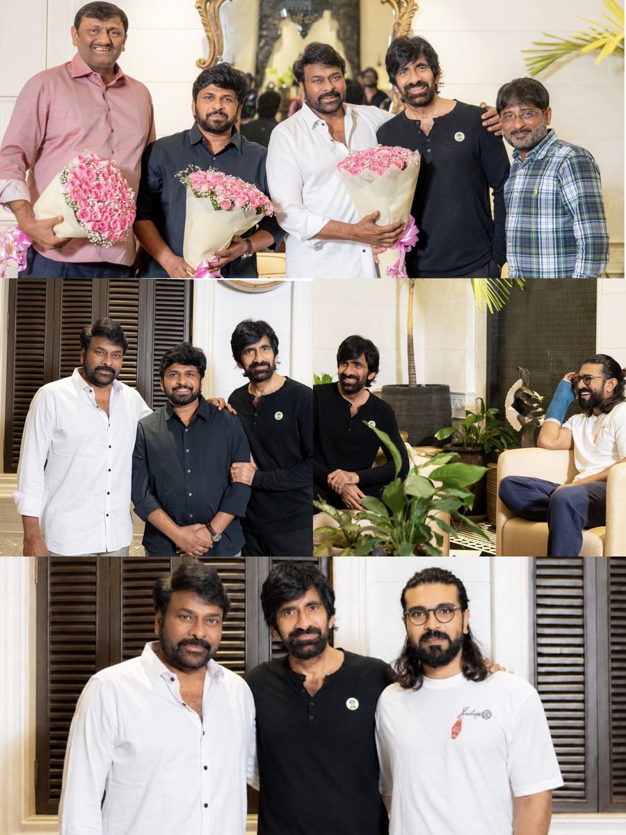 tweetajay7's tweet photo. Megastar @KChiruTweets గారు &amp; Mega Power Star @AlwaysRamCharan గారు 
hero @RaviTeja_offl  తో పాటు team #Irumudi మొత్తాన్ని చిరంజీవి గారి వారి నివాసంలో అభినందించారు. @MythriOfficial #RamCharan #RC17 #Kaaka https://t.co/Bd5QjpjrLi
