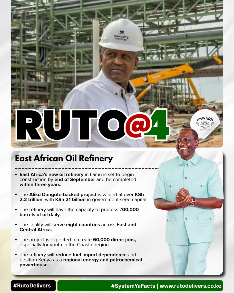 BiancaNaom1's tweet photo. The construction of Dangote's KES 2.2 trillion refinery project is expected to start by the end of September #RutoAtFour. The project will be East Africa’s largest refinery and Dangote Group’s biggest refining investment. The refinery will be producing 700,000 barrel-a-day. https://t.co/IWuJSl1Uv3
