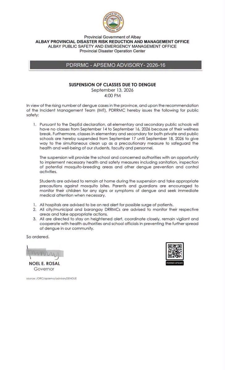 dzbb's tweet photo. BASAHIN: Suspendido ang klase sa mga pampublikong elementary at high school sa albay sa September 17-18, 2026 dahil sa mataas na kaso ng dengue.| via @luisitosantos03 https://t.co/8vTD75fawA
